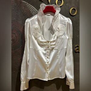 Elegant Victorian White Satin blouse size M